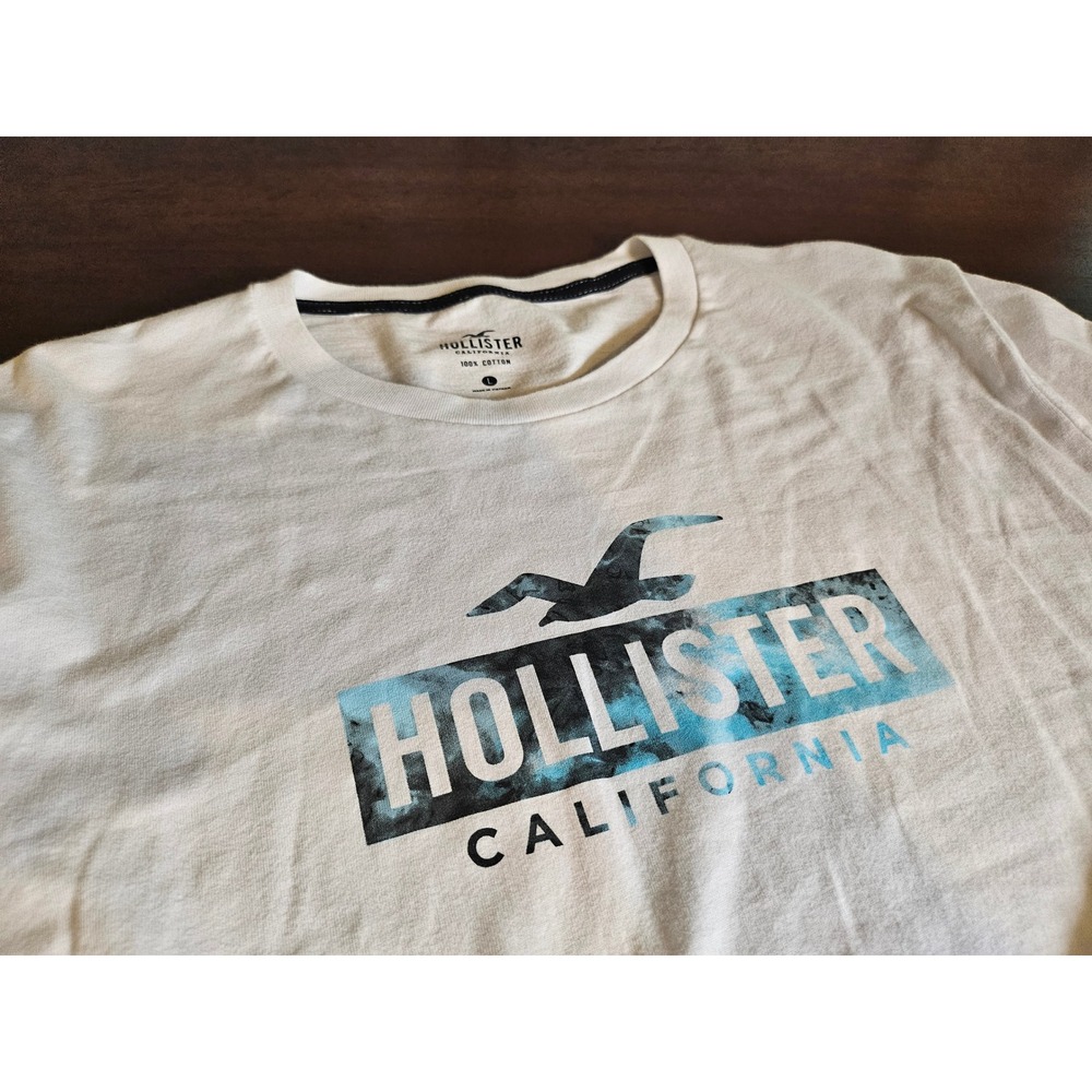 Hollister Long Sleeve Shirt Mens Large White Graphic Logo Curved Hem Tee